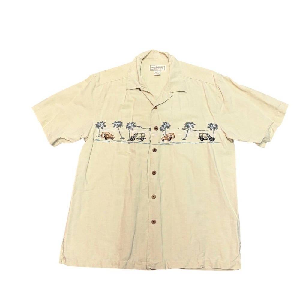 Boca Classics Mens Large Silk Camp Shirt Beige Embroidered Jeep Palm Tree Trop